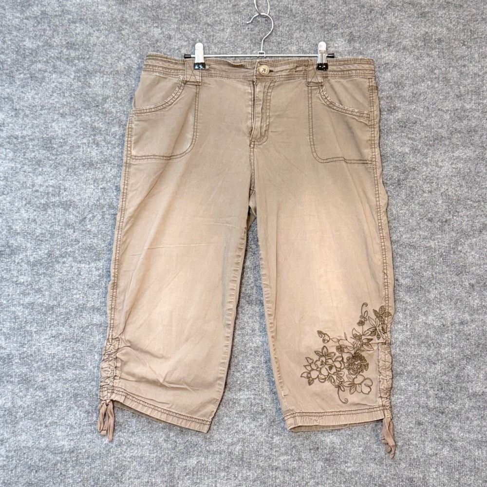 Y2K Faded Glory Capri Pants Sz 14 Tan Floral Embroidered Boho Khaki Fairy Grunge